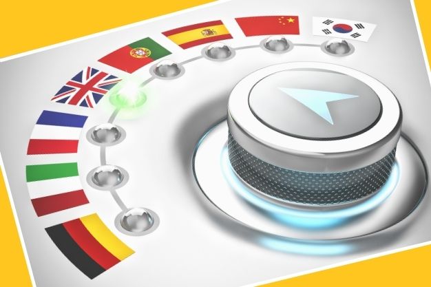 כפתור עם חץ ודגלים שונים של מדינות מייצגים שירותי תרגום לשפות שונות מחברת תרגום